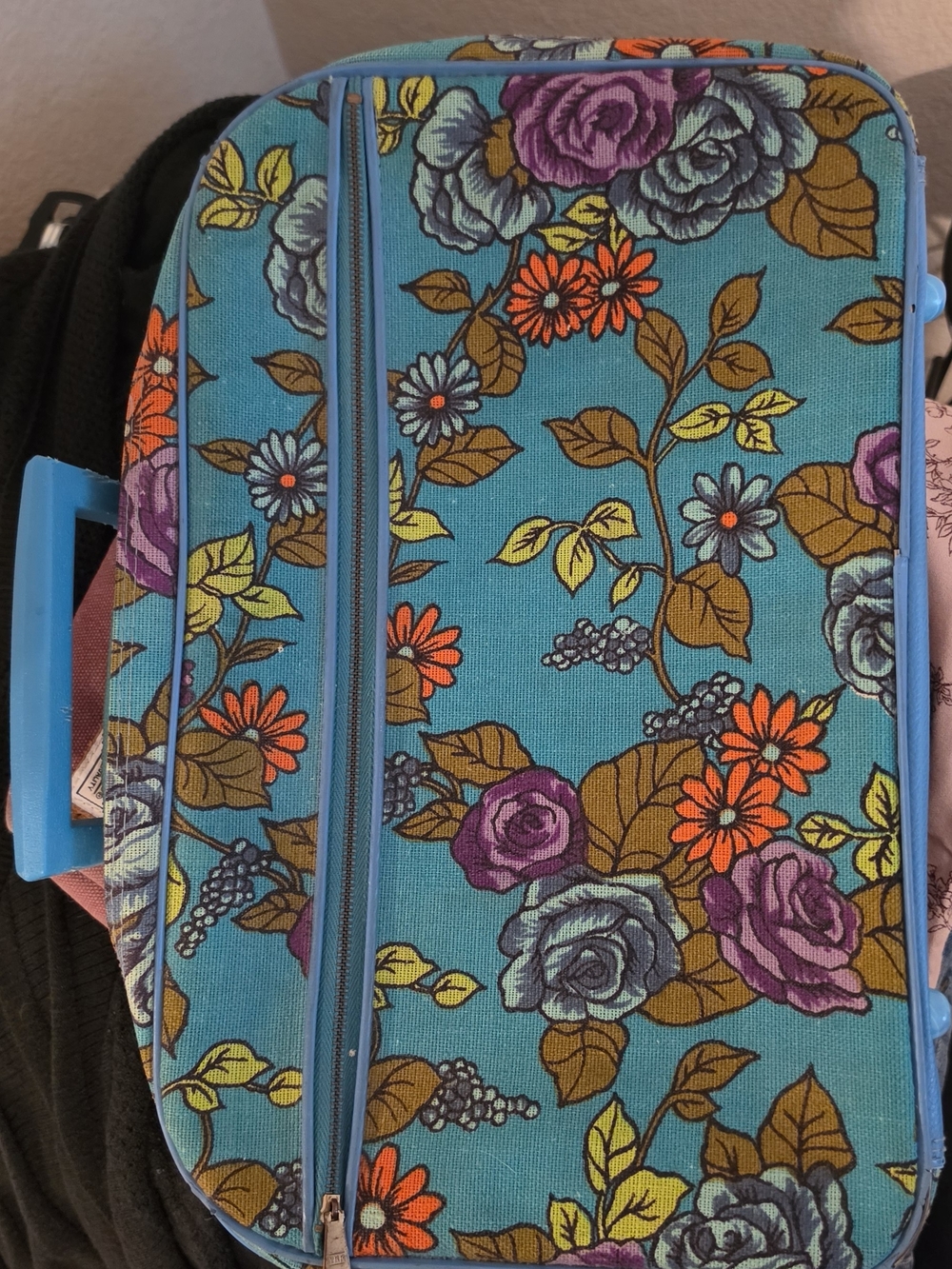 1960s or 70s Floral Pattern Teal Canvas Carry Bag - Unbranded